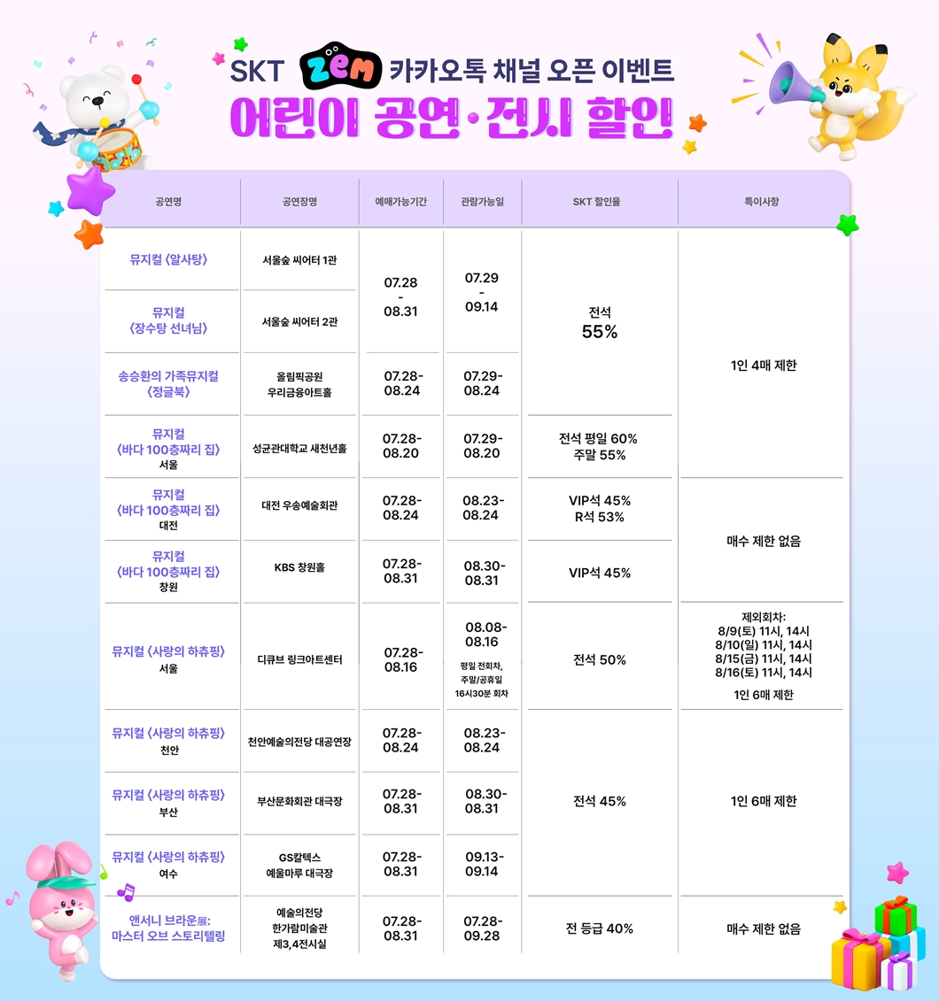 SKT ZEM 카카오톡 채널 오픈 이벤트 여름방학 공연·전시 할인