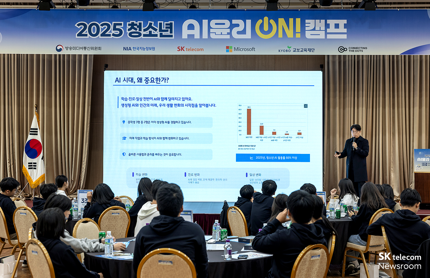 SKT 조욱래 팀장의 ‘중학생을 위한 생성형 AI와 에이닷 서비스 소개’ 강의 모습