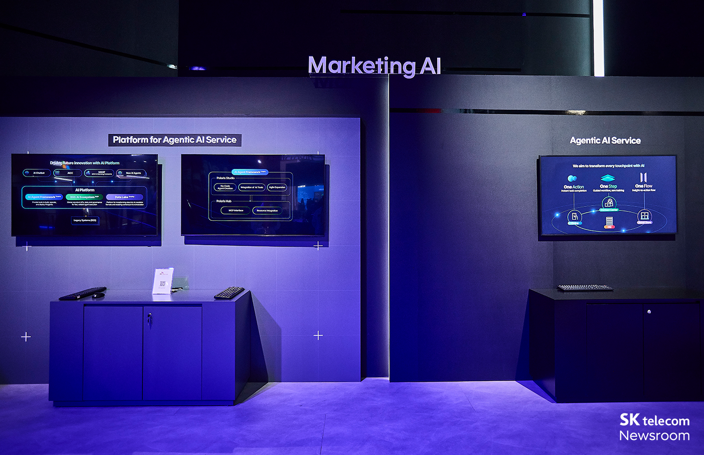 MNO 고객 경험과 Telco 분야 업무 혁신을 위한 Agentic AI 서비스가 전시된 Marketing AI 코너의 모습.