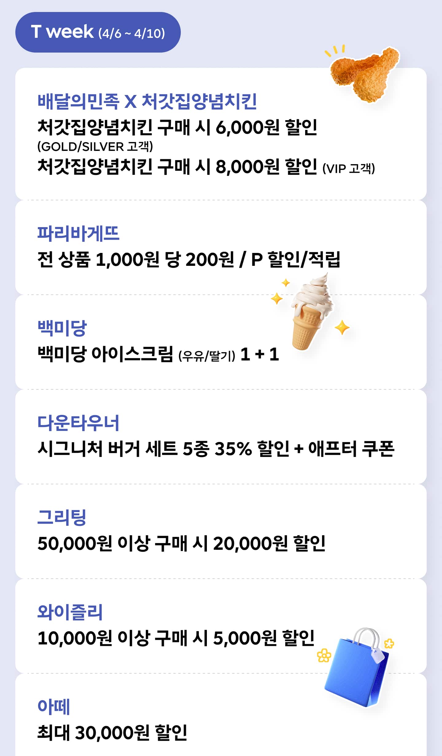 T week (4월 6-10일) 혜택 - 배달의민족 파리바게뜨 백미당 다운타우너 그리팅 와이즐리 아떼 7개 브랜드 할인