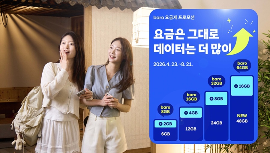 SKT 모델이 바로 요금제 및 바로 YT 요금제 프로모션 페이지를 살펴보는 모습.