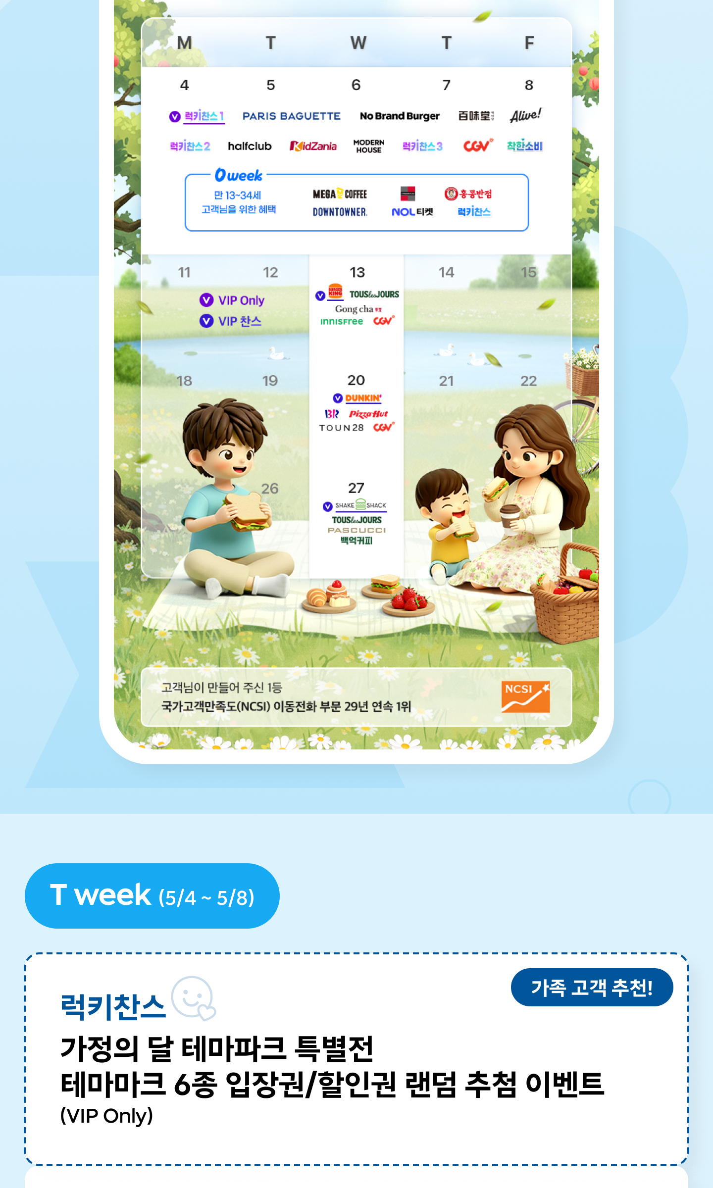 2026년 5월 T day 캘린더 - VIP 전용 더 큰 혜택 안내, T week(5/4~5/8) 파리바게뜨·노브랜드버거·백미당·얼라이브·모던하우스 일정과 0 week 만 13~34세 메가MGC커피·다운타우너·홍콩반점·NOL 티켓 일정, 가정의 달 테마파크 특별전 럭키찬스 응모, SK텔레콤 국가고객만족도(NCSI) 이동전화 부문 29년 연속 1위 인증