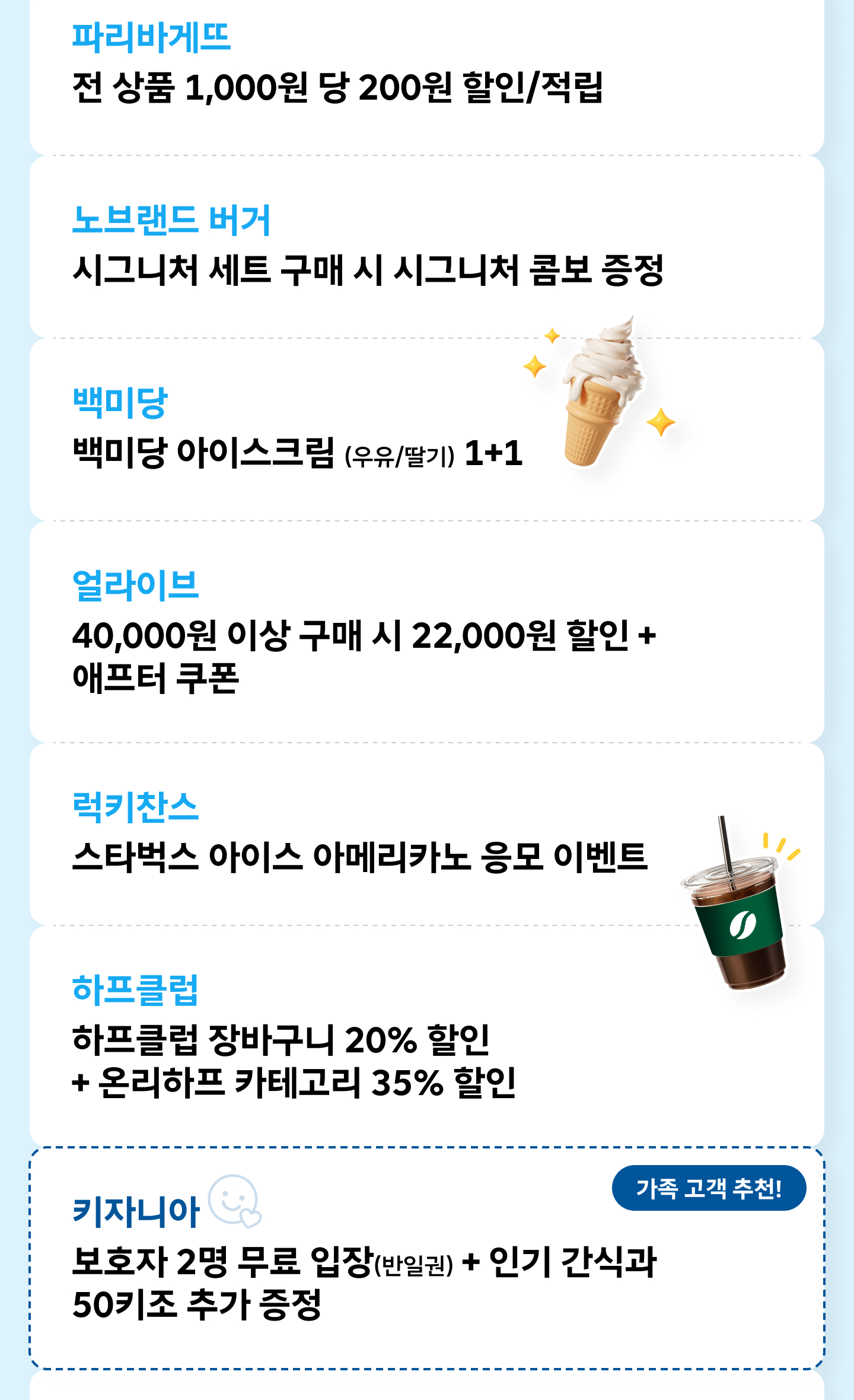 5월 T week 혜택 1 - 파리바게뜨 1,000원당 200원 할인·적립, 노브랜드버거 시그니처 콤보 증정, 백미당 아이스크림 1+1, 얼라이브 4만 원 이상 구매 시 22,000원 할인, 스타벅스 럭키찬스 응모, 하프클럽 장바구니 20%·온리하프 35% 할인, 키자니아 보호자 2인 무료 입장(반일권)+50키조 추가 증정 가족 추천 혜택