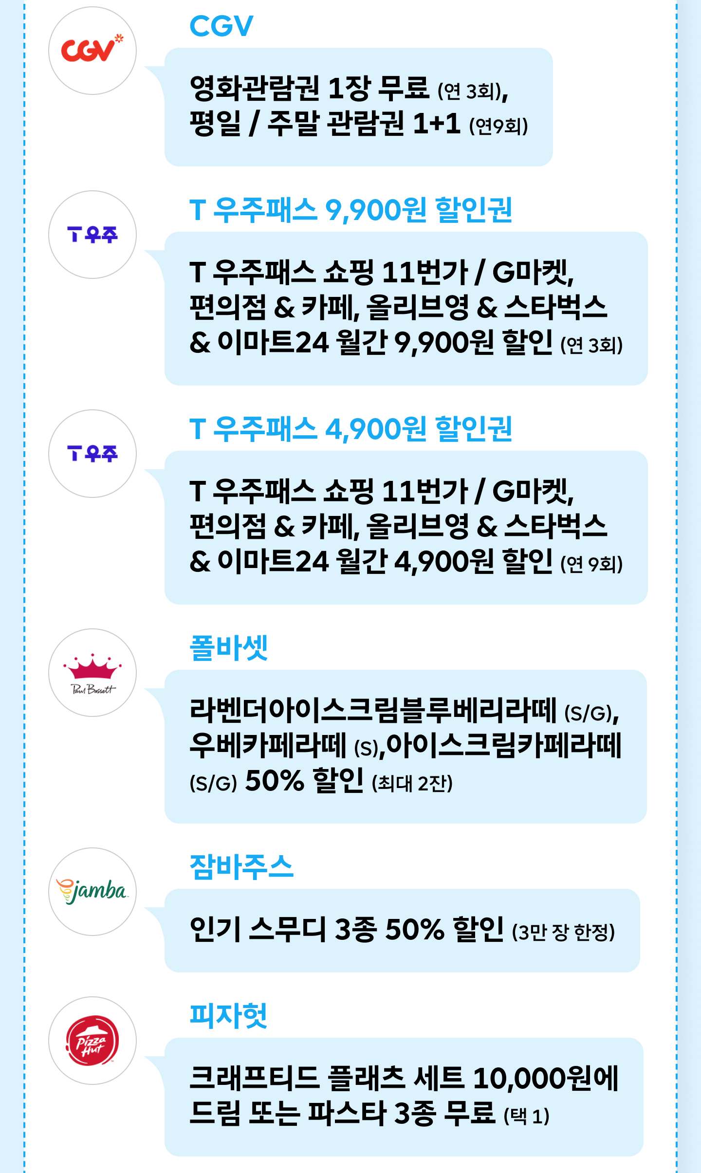5월 T 멤버십 VIP Pick PICK 혜택 - CGV 영화관람권 무료(연 3회)·평일/주말 1+1, T 우주패스 9,900원·4,900원 할인권, 폴 바셋 라벤더아이스크림블루베리라떼·우베카페라떼·아이스크림카페라떼 50% 할인(최대 2잔), 잠바주스 인기 스무디 3종 50% 할인(3만 장 한정), 피자헛 크래프티드 플래츠 세트 10,000원·파스타 3종 무료