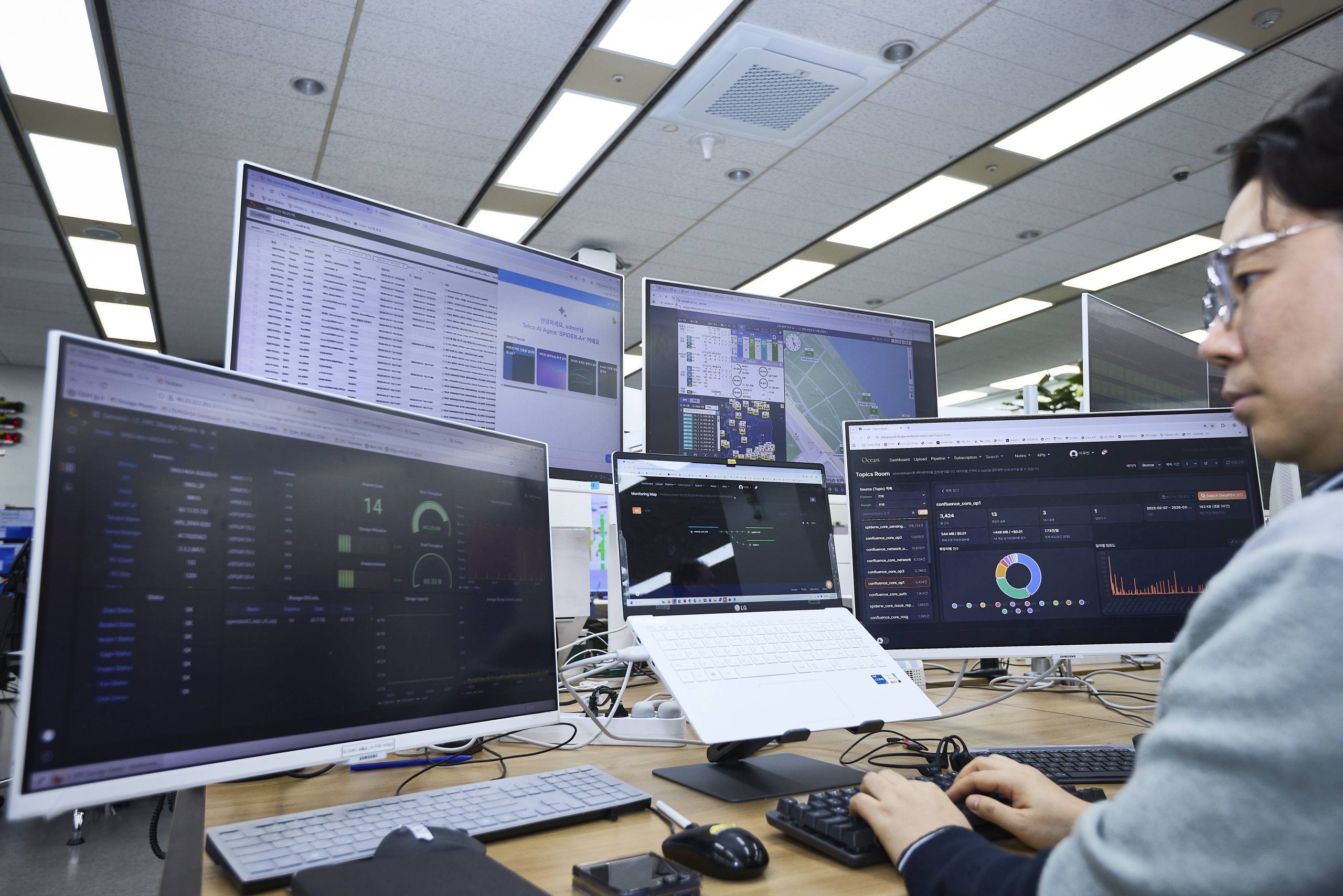 스파이더를 통해 벚꽃 축제 상황을 관리 중인 SKT 구성원들의 모습.