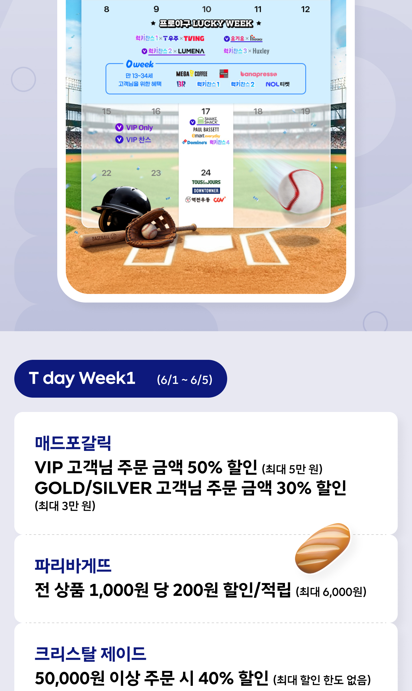 6월 T day Week1 혜택 - 크리스탈 제이드 50,000원 이상 주문 시 40% 할인(최대 할인 한도 없음), 이디야 커피 컵빙수 50% 할인(3종 중 택1), 백미당 우유/옥수수 아이스크림 1+1, 이케아 가구 30,000원+스웨디시 레스토랑 10,000원 할인, 풀무원 12,000원 할인+T day 전용 혜택관 상품 10% 할인, 사보텐/히바린 35,000원 이상 주문 시 30% 할인 쿠폰, 헉슬리 30,000원 이상 2만 원·50,000원 이상 3만 원 할인, W컨셉 기존 회원 10%·신규 회원 15% 더블 할인, 코토나 최대 5만 원 할인, 스피드메이트 국산차 엔진오일 50% 할인·와이퍼 무료 교체