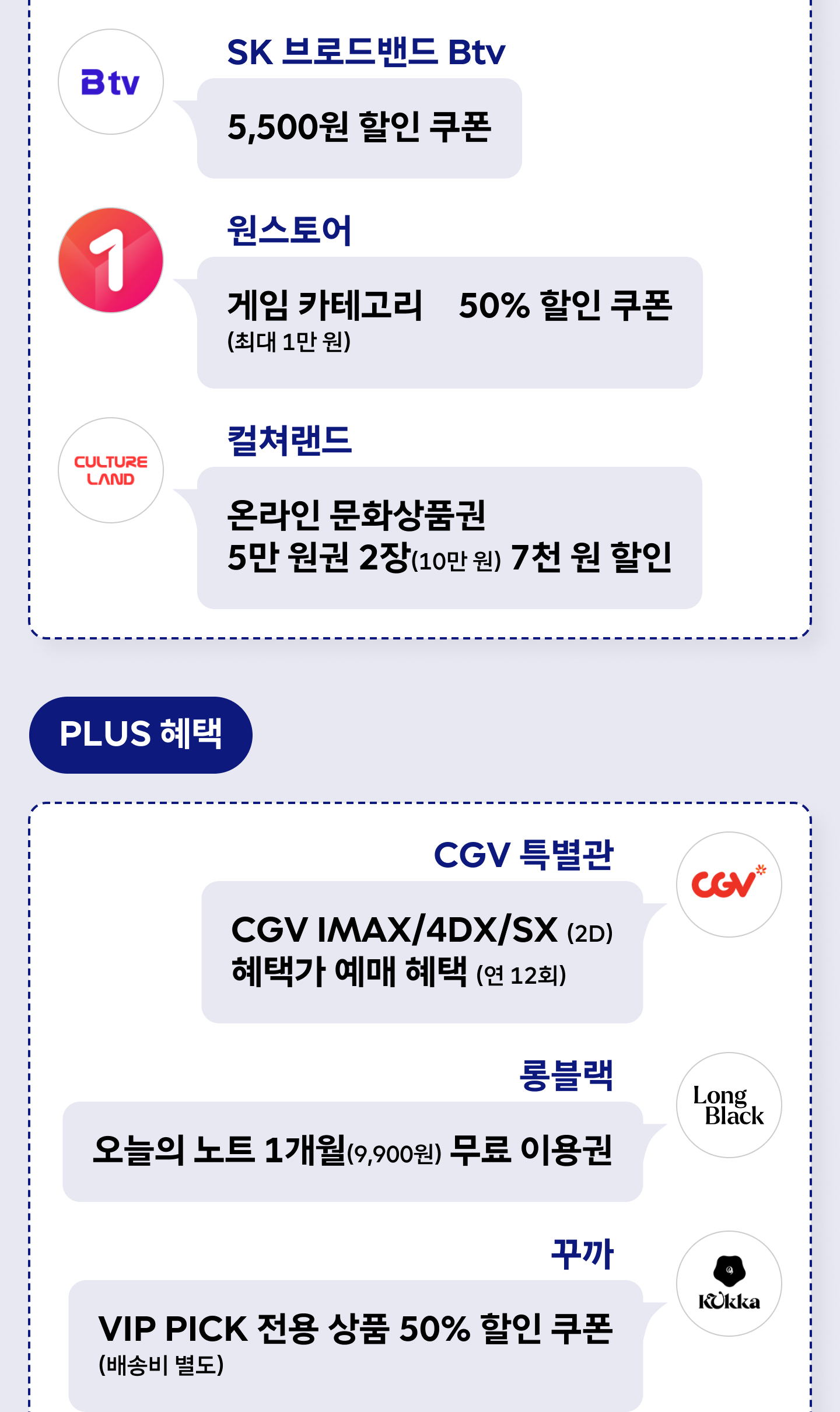 6월 T 멤버십 PLUS 혜택 - 꾸까 VIP PICK 전용 상품 50% 할인 쿠폰, JAJU 5만 원 이상 주문 시 10,000원 할인, 고반식당 5만 원 이상 주문 시 10,000원 할인, 슈피겐 3만 원 이상 구매 시 10,000원 할인(3만 장 한정), 퍼블로그 포토북 최대 68% 할인, TMAP 렌터카 5만 원 이상 결제 시 1만 원 할인, SK telecom Newsroom 로고