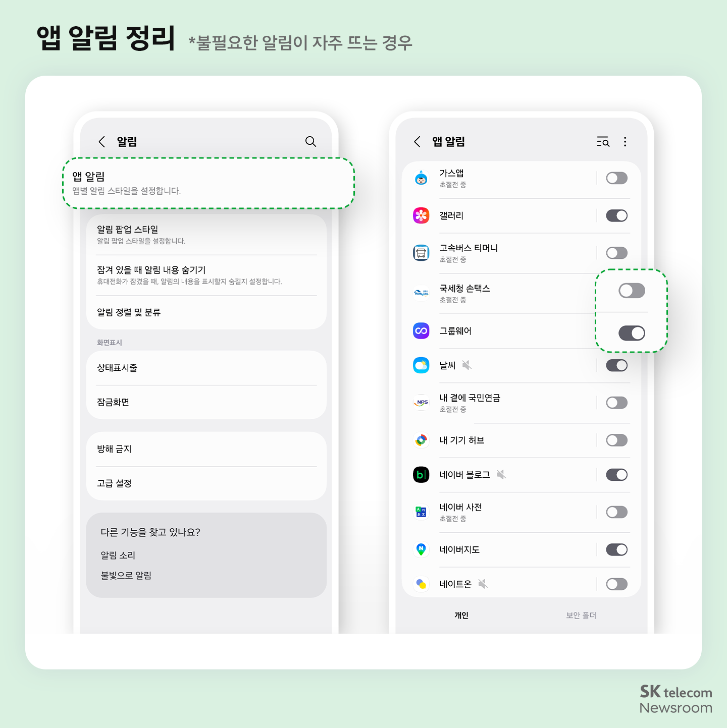안드로이드 앱 알림 정리 방법(불필요한 알림이 자주 뜨는 경우) - '설정'의 '알림' 메뉴에서 '앱 알림' 선택, 앱별 알림 켜고 끄기 토글 화면(가스앱·갤러리·고속버스 티머니·국세청 손택스·그룹웨어·날씨·내 곁에 국민연금·내 기기 허브·네이버 블로그·네이버 사전·네이버지도·네이트온 등)
