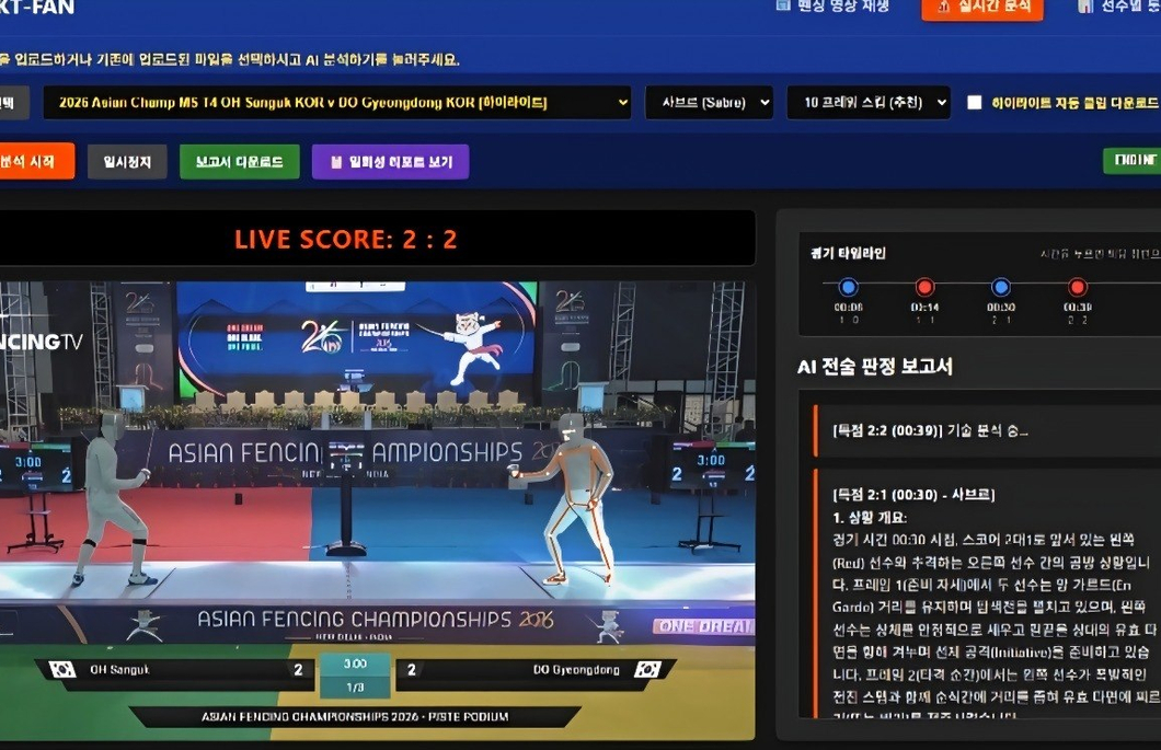 SK텔레콤이 자체 개발해 이번 아시안게임 대표팀 훈련 및 전력분석에 도입한 펜싱 AI 전력분석 시스템 'SKT-FAN(Fencing AI Nexus)' 구동 화면.