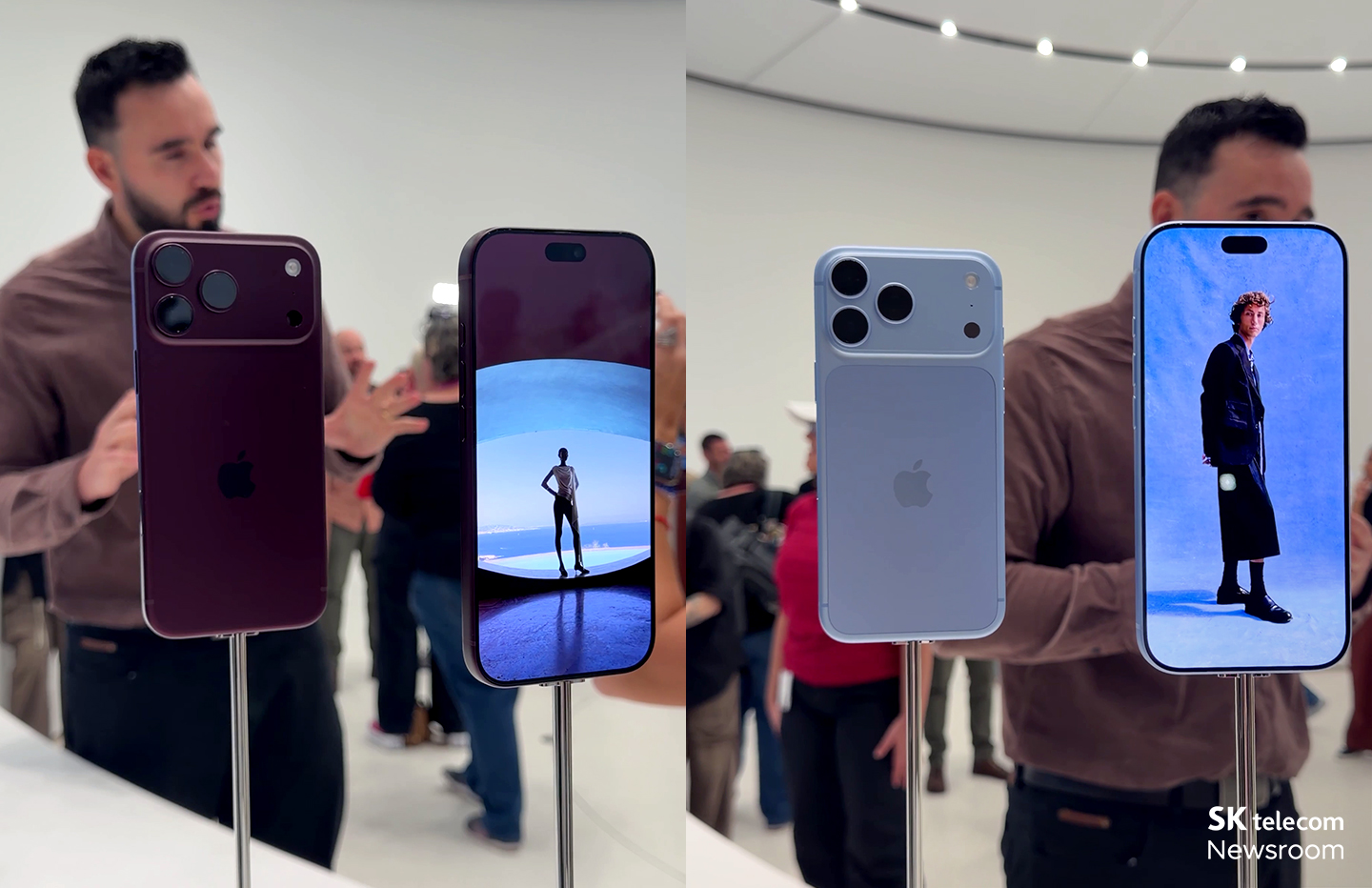 애플 iPhone 공개 행사장에 iPhone 18 Pro와 iPhone 18 Pro Max가 전시되어 있다.